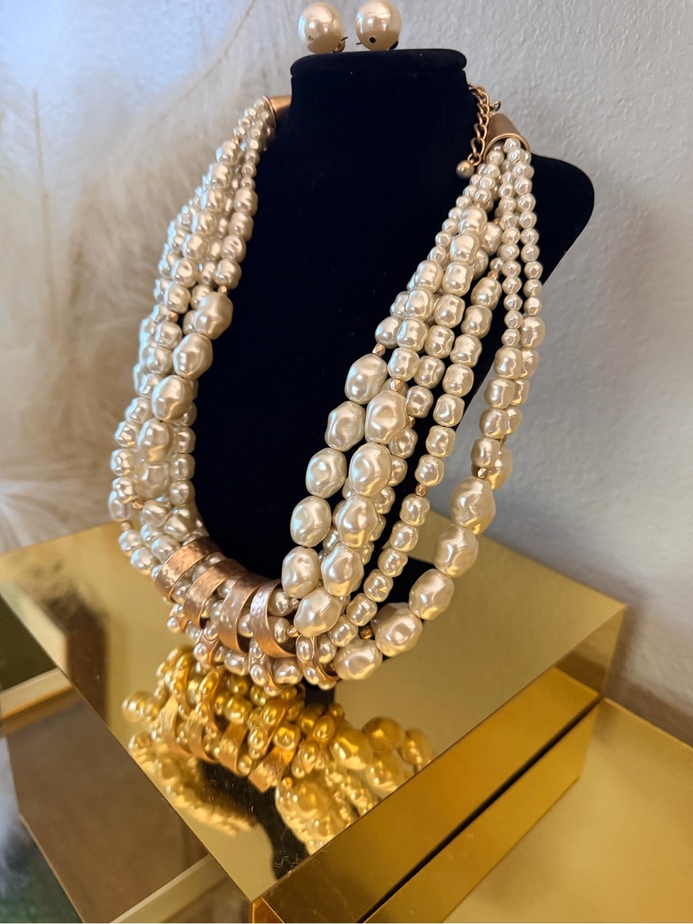 Chico’s Multi Strand Faux Pearl Statement Necklace & Earrings Set Gold Tone - Picture 6 of 12